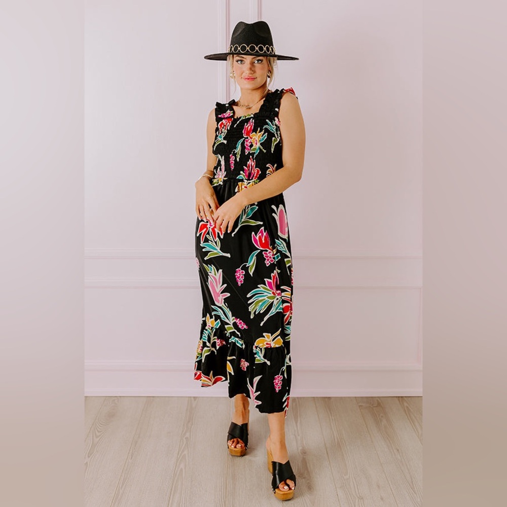NWOT Entro Vibrant Floral Smocked Midi Dress